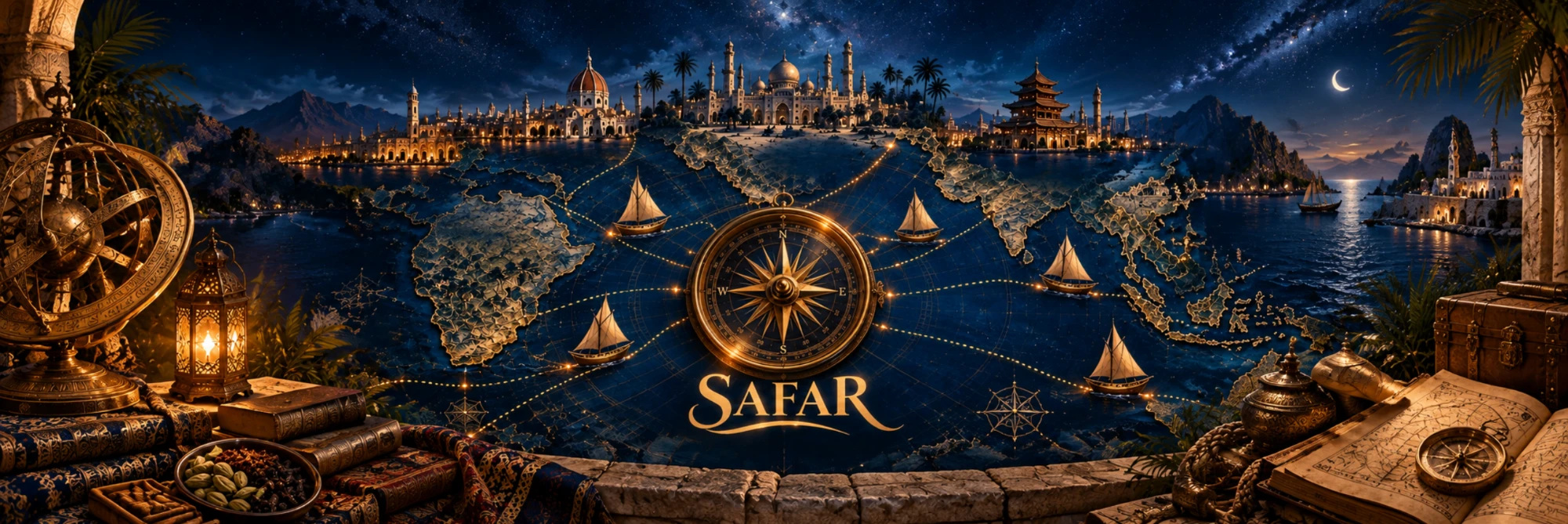 Safar: a golden compass over a night-time world map, with sailing ships, palaces and lanterns