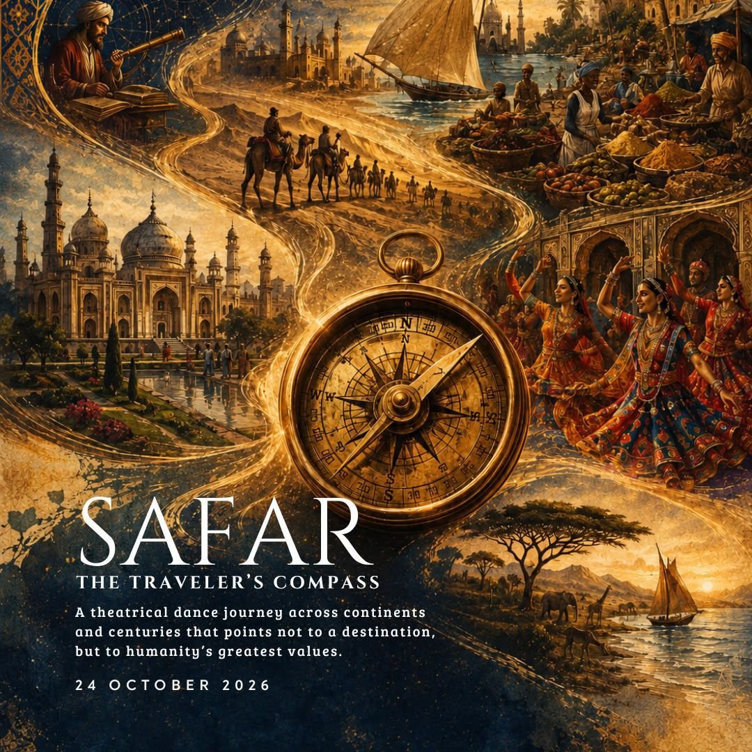 Safar: The Traveler's Compass poster: a golden compass surrounded by scenes of travellers, palaces, markets, dancers and the African savannah.